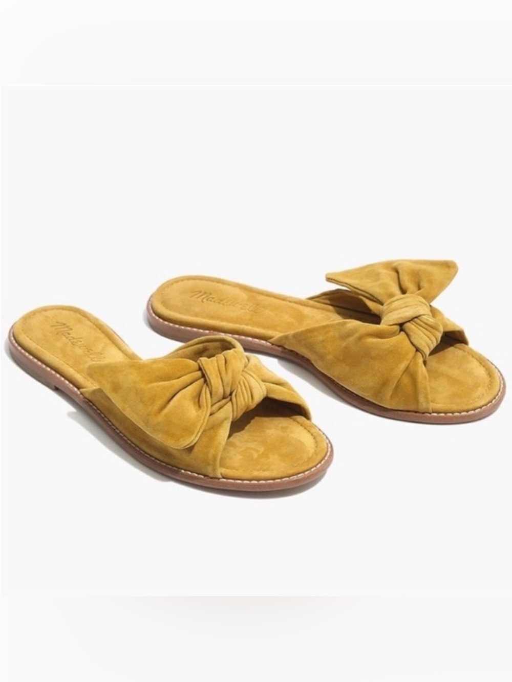 Madewell Suede Half Bow Tan Mustard Slip On Slide Sandals